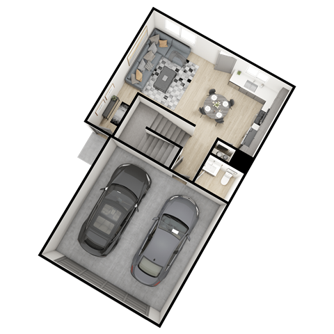 a 3d floor plan of a house with a garage and two cars